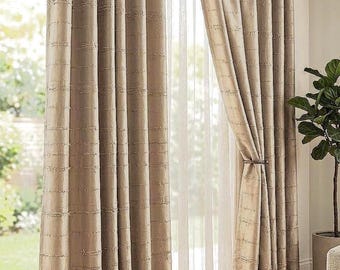 100% Silk Taffeta Curtains, Custom Powder Beige Drapes, Elegant Striped Panels (Handmade in Turkey)