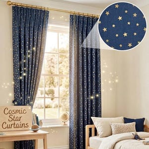 Cortinas espaciales para habitación infantil, cortinas opacas con estrellas azul marino, decoración galáctica para guardería, cortina celestial para ventana, cortinas hechas a medida.