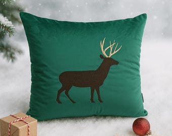 Green Velvet Christmas Pillow Cover, Reindeer Cushion, Holiday Decor (18x18 in)
