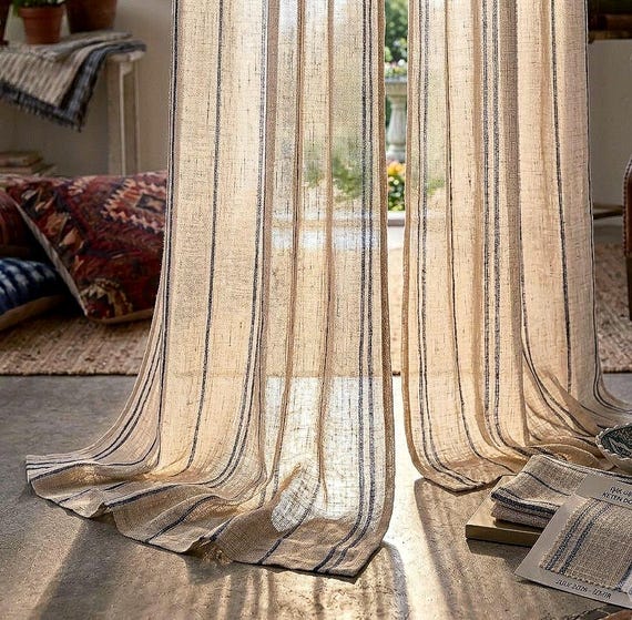 Gestreifte, transparente Leinen-Gardinen, maßgefertigte Fensterpaneele, lichtdurchlässige Vorhänge, Landhausgardinen, Japandi-Gardinen in Leinenoptik