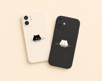 Funda para móvil con diseño de gato para parejas, fundas minimalistas a juego para iPhone, bonito diseño en blanco y negro, funda protectora kawaii, regalo para parejas y mejores amigos.
