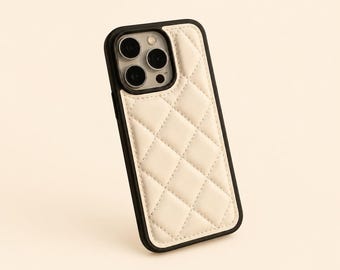 Quilted Leather Phone Case, Luxury Aesthetic iPhone Cover, Coquette Girly Protective Case, Stylish Gift for Her, Elegant Accessory