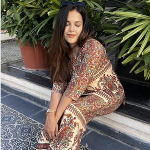 Women's Traditional Printed Cotton Co-ord Set, Handmade Paisley Boho Outfit Jaipuri, Flying Rang