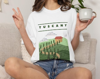 Camiseta con paisaje de la Toscana, Camiseta de la Toscana italiana, Camiseta de Italia, Camiseta unisex de cuello redondo, Camiseta de viaje a Italia, Camiseta de recuerdo