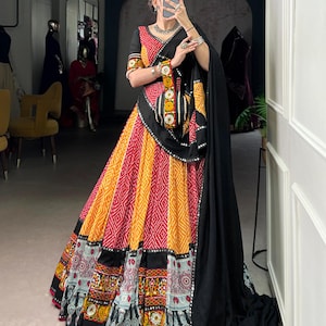 New Navratri Ajrakh Lehenga Choli Real Mirror Work Pure Rayon lehenga choli Garba Dress Chaniya Choli Ghagra choli Ready to Wear lehenga