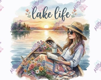 Imagen PNG de la vida en el lago, diseño de sublimación de verano (descarga digital)
