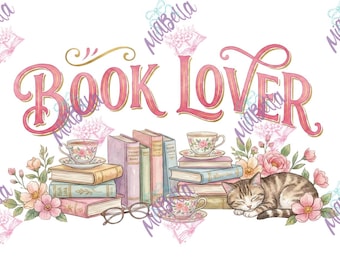 Amante de los libros PNG, diseño floral de gato (descarga digital)