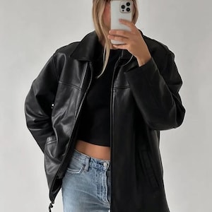 Oversized Women Lambskin Black Leather Jacket Bomber Jacket: 90s Vintage Style Gift wishes