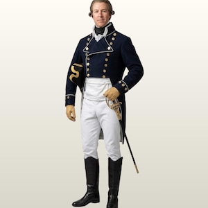 May include: A navy blue military jacket with gold buttons and white trim, paired with white trousers and black boots. The jacket features a double-breasted design and is worn with a white shirt and black necktie. A black hat with gold detailing and a sword complete the historical ensemble.