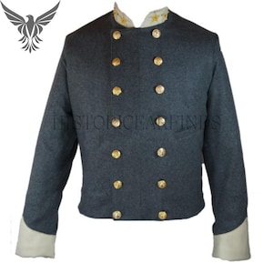 May include: A dark gray double-breasted jacket with gold-colored buttons. The jacket has a white collar and cuffs. The image includes a logo of a bird on the upper left corner and the text "HISTORICEARFINDS" in the middle.
