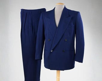 1940s American Wool Suit – Navy Blue Double Breasted Jacket & Trousers