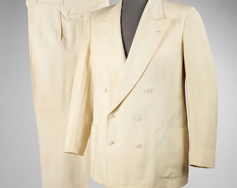 Traje de negocios francés de tres piezas de lana, años 30, con diseño cruzado.