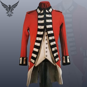 May include: A red military jacket with black and white trim, featuring gold-colored buttons. The jacket has a high collar and long sleeves. The jacket is a historical garment, likely from the 18th or 19th century.