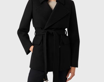 Women’s Black Wool Coat – Double Breasted Belted Peacoat Gift with Wide Lapels