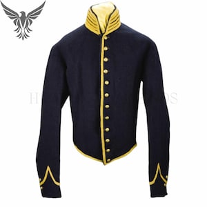 May include: A navy blue jacket with gold trim and buttons. The jacket has a high collar with gold stripes and gold accents on the cuffs. The jacket is buttoned up the front and has a tailored fit.