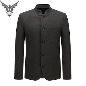 May include: A dark grey blazer with a mandarin collar and four brown buttons. The blazer has two front pockets and a chest pocket. A bird logo is in the upper left corner.