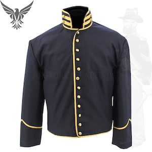 May include: A navy blue jacket with gold trim and buttons. The jacket has a high collar with gold stripes and gold accents along the edges and cuffs. The jacket is buttoned up the front with gold buttons.