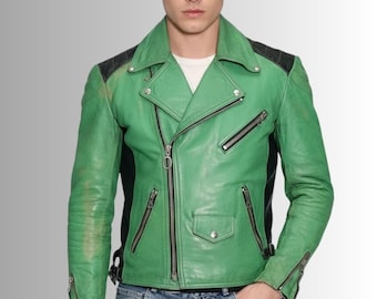 Vintage German Leather Biker Jacket | Green & Black Cafe Racer | 1980s Motorcycle Style