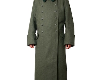 オリーブグリーンのウールグレートコート：英国陸軍スタイルのフロック