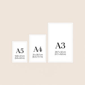 May include: Three white framed art prints labeled A5 (5.8 x 8.3 in), A4 (8.3 x 11.7 in), and A3 (11.7 x 16.5 in). The prints are arranged from left to right, with the A5 print being the smallest and the A3 print being the largest.