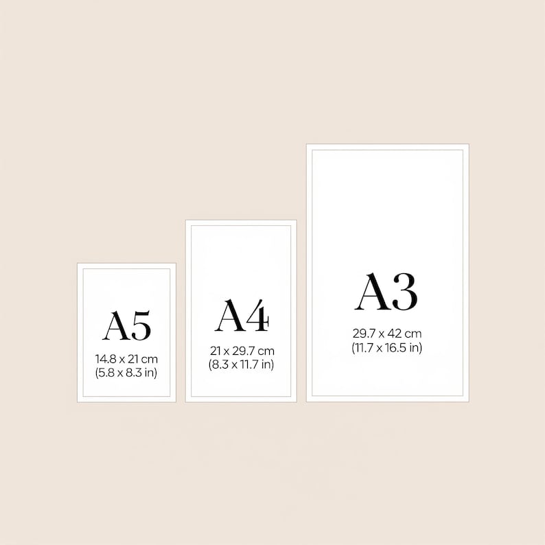May include: Three white framed art prints labeled A5 (5.8 x 8.3 in), A4 (8.3 x 11.7 in), and A3 (11.7 x 16.5 in). The prints are arranged from left to right, with the A5 print being the smallest and the A3 print being the largest.