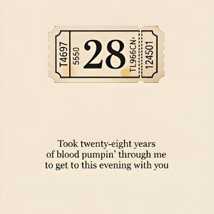 May include: A vintage-style ticket with the number 28 in bold black font. The ticket has various printed codes and the text: "Took twenty-eight years of blood pumpin' through me to get to this evening with you."