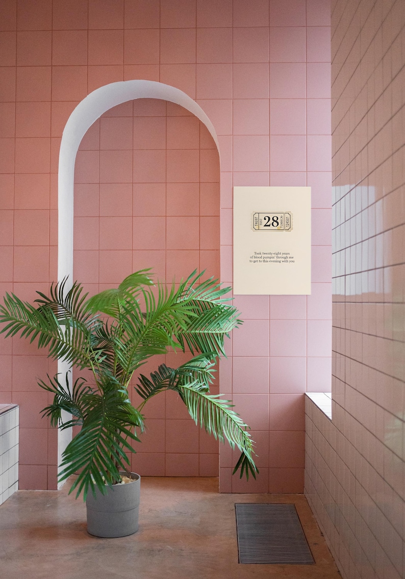 May include: A room with pink square tiles and a white arched doorway. A green potted plant is in the foreground. A framed print with the number 28 and text is on the wall.