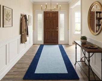 Hand-Tufted Bordered Runner Rug - Navy and Light Blue Wool Carpet, Premium New Zealand Wool Hallway Runner, Modern Minimalist Floor Decor