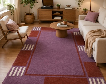 Handmade Wool Area Rug, Geometric Abstract Pattern, Purple Rust and Cream Carpet, Modern Living Room Decor, Custom Artisan Tufted Rug