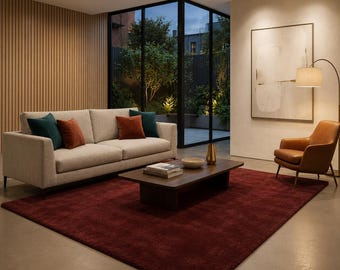 Vloerkleed, effen patroon, bordeauxrode wol, moderne minimalistische stijl, woonkamer