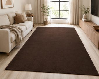 Area Rug, Solid Brown Pattern, Rich Dark Brown Wool, Modern Contemporary Style, Living Room