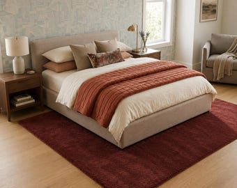 Solid Wool Area Rug, Hand Tufted Carpet, Burgundy Red Floor Mat, Plush Shag Texture, Living Room Bedroom Decor