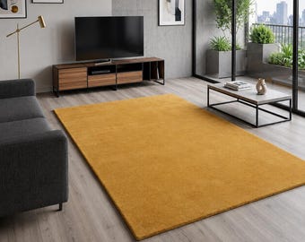 Matta, Enfärgat senapsmönster, Gul ull, Modern samtida stil, Vardagsrum