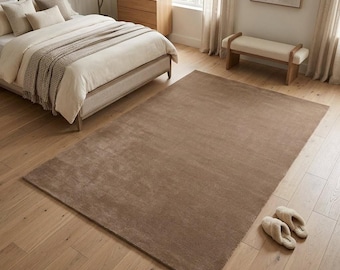 Alfombra de lana color topo tejida a mano - Alfombra minimalista de color liso, suave alfombra de lana de Nueva Zelanda, decoración moderna y neutra para el hogar
