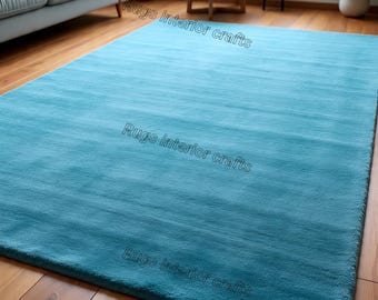 Teal Blue Area Rug Soft Plush Carpet, Modern Minimalist Living Room Rug, Bedroom Floor Rug, Solid Color Handmade Style Rug