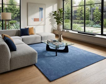 Handgetufteter blauer Wollteppich - minimalistischer, luxuriöser neuseeländischer Wollteppich für modernes Wohnzimmer, weicher Schlafzimmer-Bodendekor