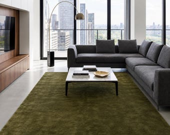 Area Rug, Solid Olive Pattern, Green Wool, Modern Contemporary Style, Living Room