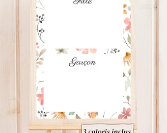 Poster zur Geschlechtsenthüllung auf Französisch | Vorhersage Mädchen oder Junge | Panel mit Blumenmuster
