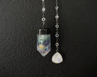 PENDULUM ORACLE Divination Tool, Dowsing, Metaphysical Tools, Crystal Gemstone, Fluorite, Moonstone Point Jewelry, Healing Reiki