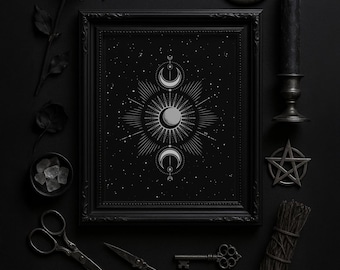 SUN TOTEM TALISMAN Silver Foil Print — Celestial Sun Symbol, Magical Wall Art, Minimal Black Decor for Spiritual or Cosmic Spaces