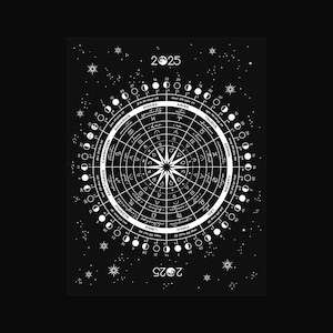 2025 ASTROLOGICAL WHEEL Moon Cycle Calendar Silver Foil Art Print, Zodiac Moon Phase Chart Wheel, Lunar Phase Calendar