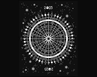2025 ASTROLOGICAL WHEEL Moon Cycle Calendar Silver Foil Art Print, Zodiac Moon Phase Chart Wheel, Lunar Phase Calendar