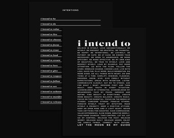 Intentions Art Print Bundle, Postive Quotes Wall Decor, Black Decor