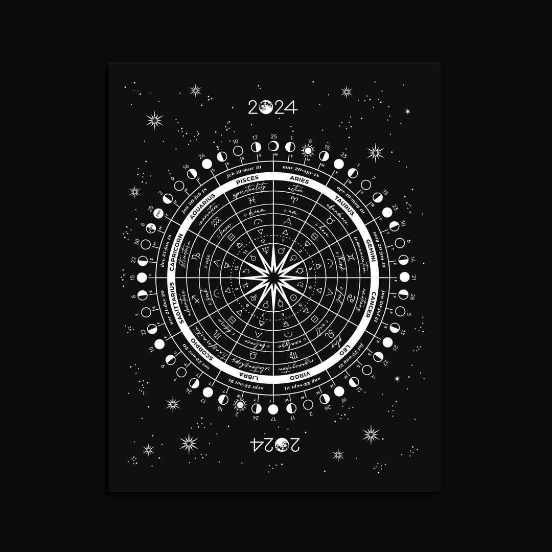 2024 ASTROLOGICAL WHEEL Moon Cycle Calendar Silver Foil Art Print