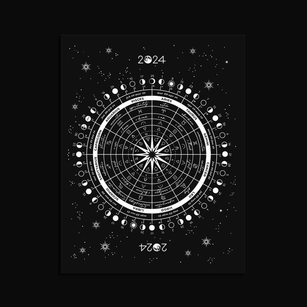 2024 ASTROLOGICAL WHEEL Moon Cycle Calendar Silver Foil Art Print, Zodiac Moon Phase Chart Wheel, Lunar Phase Calendar
