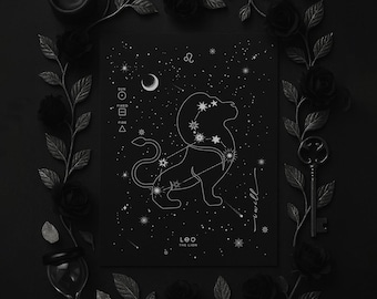 LEO ZODIAC CONSTELLATION Silver Foil Art Print, Astrology Wall Art, Celestial Horoscope Decor, Minimal Black Poster