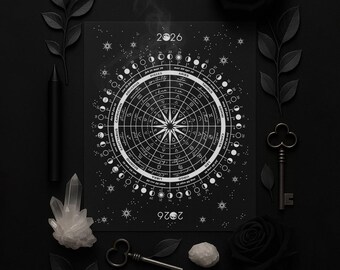 2026 Astrological Wheel Calendar: Silver Foil Zodiac Moon Phases Art Print