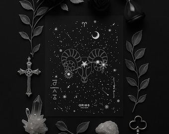 ARIES ZODIAC CONSTELLATIONS Astrology Horoscope Signs Celestial Artwork, Black Minimal Wall Decor