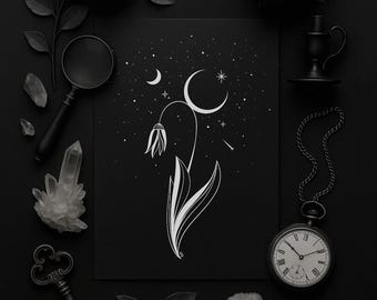 MOON AND BLOOM Silver Foil Art Print, Celestial Wall Decor, Black Decor Wall Art, Metallic Print, Moon Artwork, Flower, Botanical, floral
