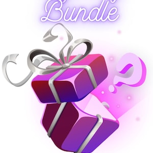 Könnte beinhalten: Illustration eines 'Mystery Bundle' mit zwei gestapelten, lila und roten Geschenkboxen, die mit silbernen Bändern gebunden sind. Ein Fragezeichen schwebt in der Nähe. Die Worte 'Mystery Bundle' sind in einer leuchtenden Schreibschrift geschrieben.